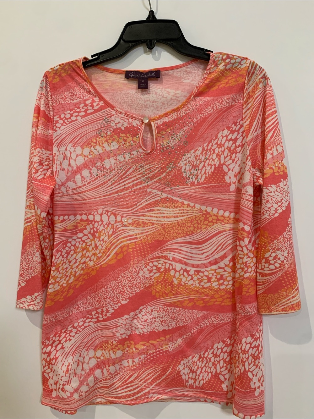 Gloria Vanderbilt Coral, White & Yellow Patterned Long Sleeve Top